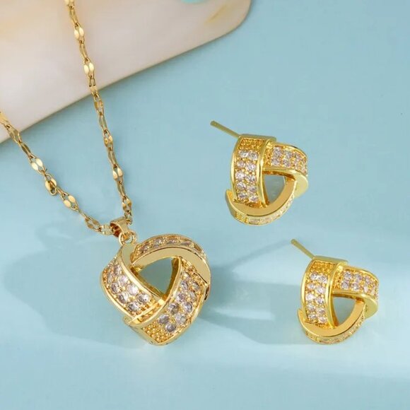 18k Gold Plated Necklace and Earrings Set Zircon Heart Knot Jewelry Set